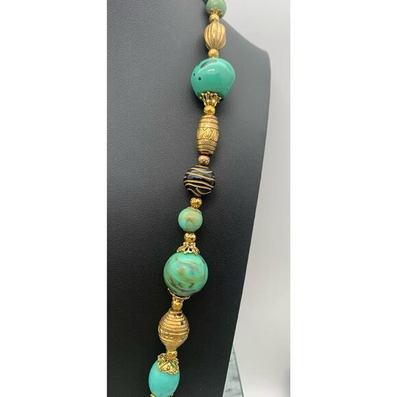 Daisy Fuentes Chunky Necklace Gold Tone Tassel Acrylic Turquoise Colored Beads - Picture 4 of 5